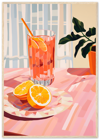 Illustration of a refreshing glass of orange juice with sliced oranges on a sunny table.