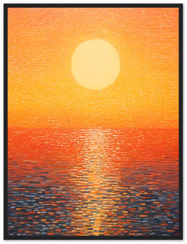 Sunset with vibrant orange hues reflected over water, framed wall art.