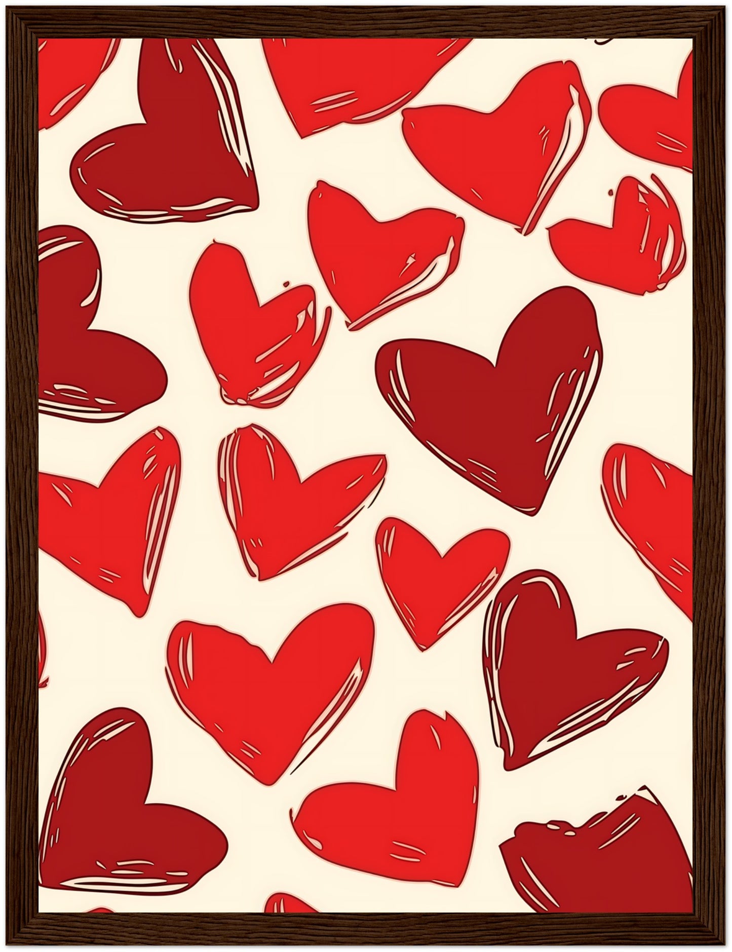 Illustration of multiple red hearts of various sizes on a pale background with a dark frame.