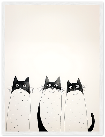 Three cartoon cats with black and white fur standing side by side inside a wooden frame.