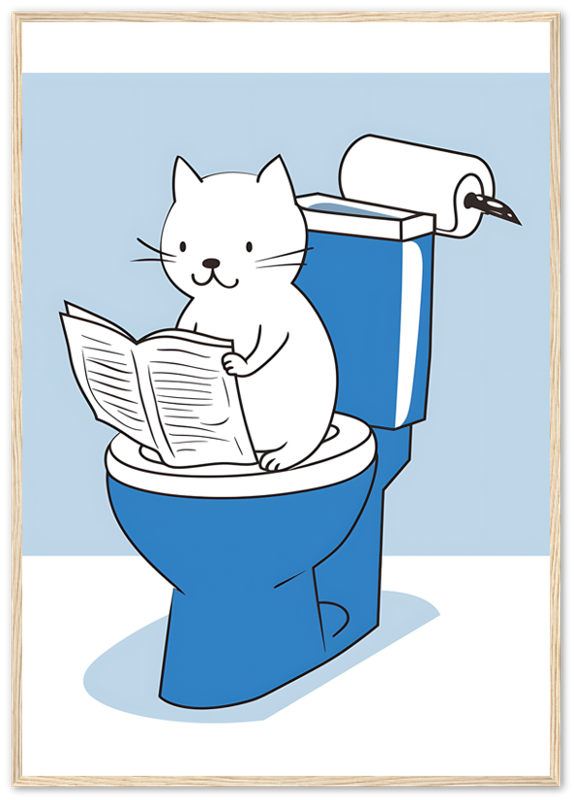 A cartoon of a cat reading a newspaper while sitting on a toilet.