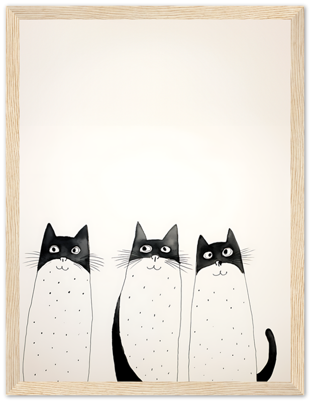 Three cartoon cats with dotted fur standing in a row.