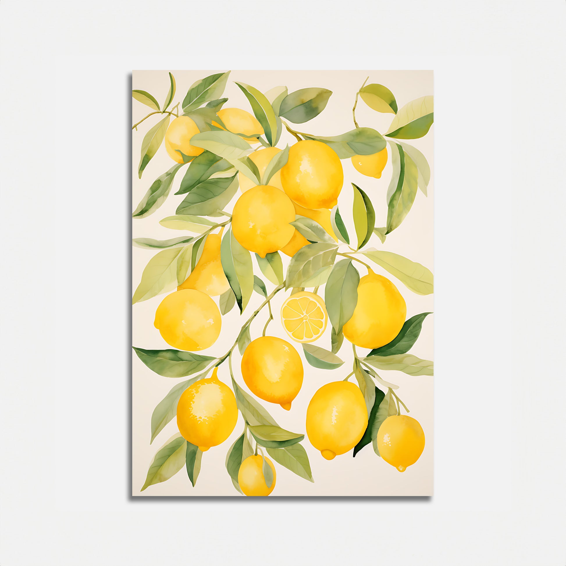 A canvas painting of yellow lemons with green leaves on a white background.
