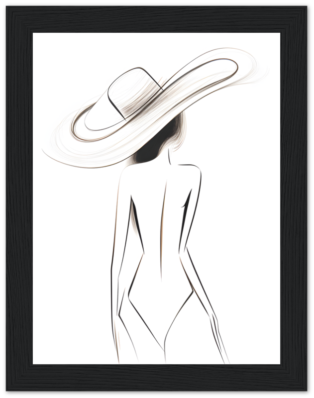 Artistic sketch of a woman from behind wearing a wide-brimmed hat.