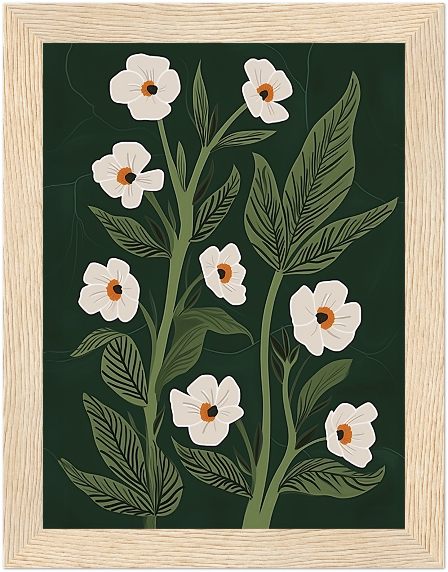 Illustration of white flowers with green leaves on a dark background, framed by a wooden border.