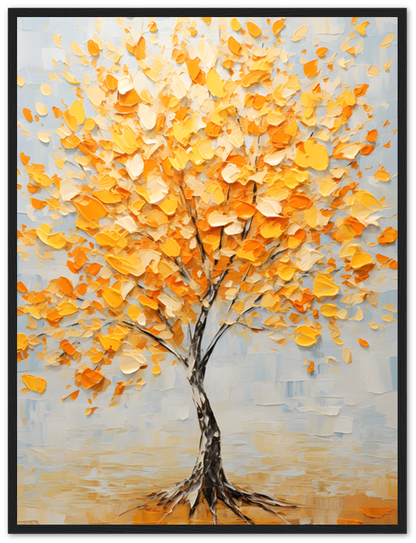 A textured painting of a vibrant tree with golden leaves on a framed canvas.