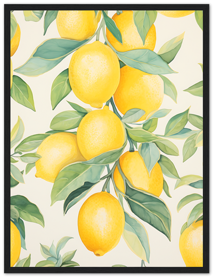 Illustration of a lemon branch with ripe lemons and green leaves in a dark frame.