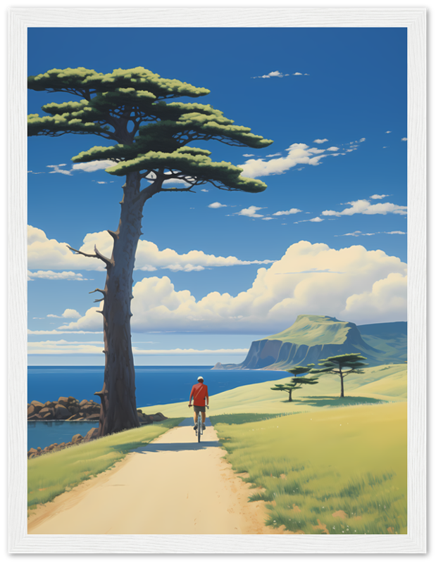 A painting of a person walking down a path toward the sea with a tree and cliffs in the background, in a wooden frame.