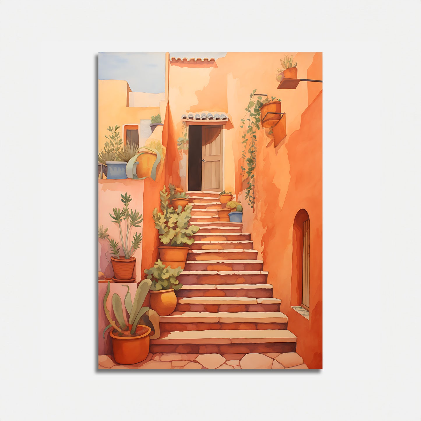 A colorful painting of a sunny Mediterranean-style stairway with potted plants.