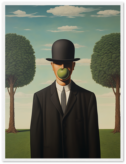 A painting of a man in a suit with an apple covering his face.