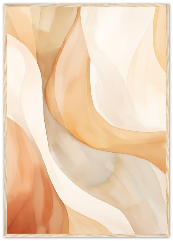 Abstract warm-toned wavy lines art in a frame.