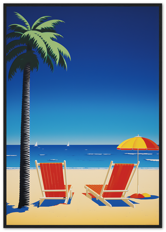 Illustration of two beach chairs under an umbrella by a palm tree with the ocean in the background.