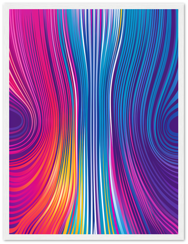 A framed abstract artwork with vibrant blue and pink wavy lines.