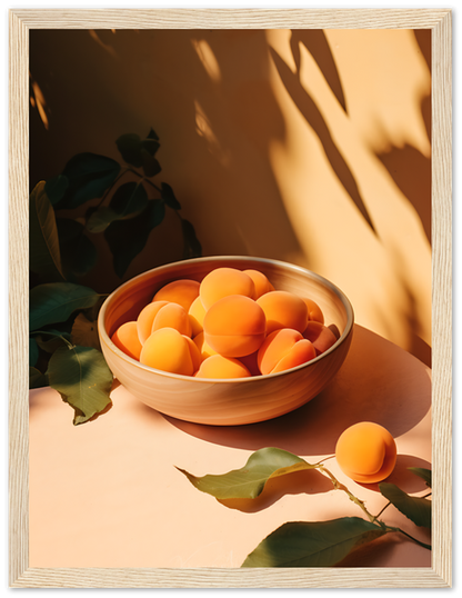 A bowl of apricots on a table with leafy shadows.