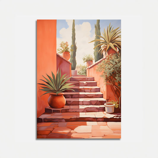 A painting of a sunlit stairway with potted plants along a terracotta-colored wall.