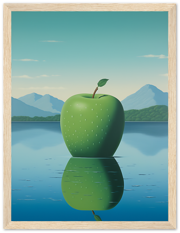 A surreal framed art piece of a large green apple reflecting in water with mountains in the background.