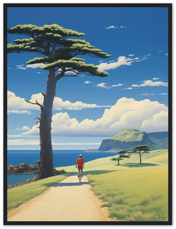 A person walking on a path by the sea with a tree and cliffs in the background, framed as a painting.