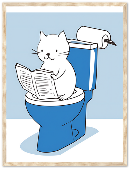 A cartoon of a cat reading a newspaper while sitting on a toilet, framed as a picture.