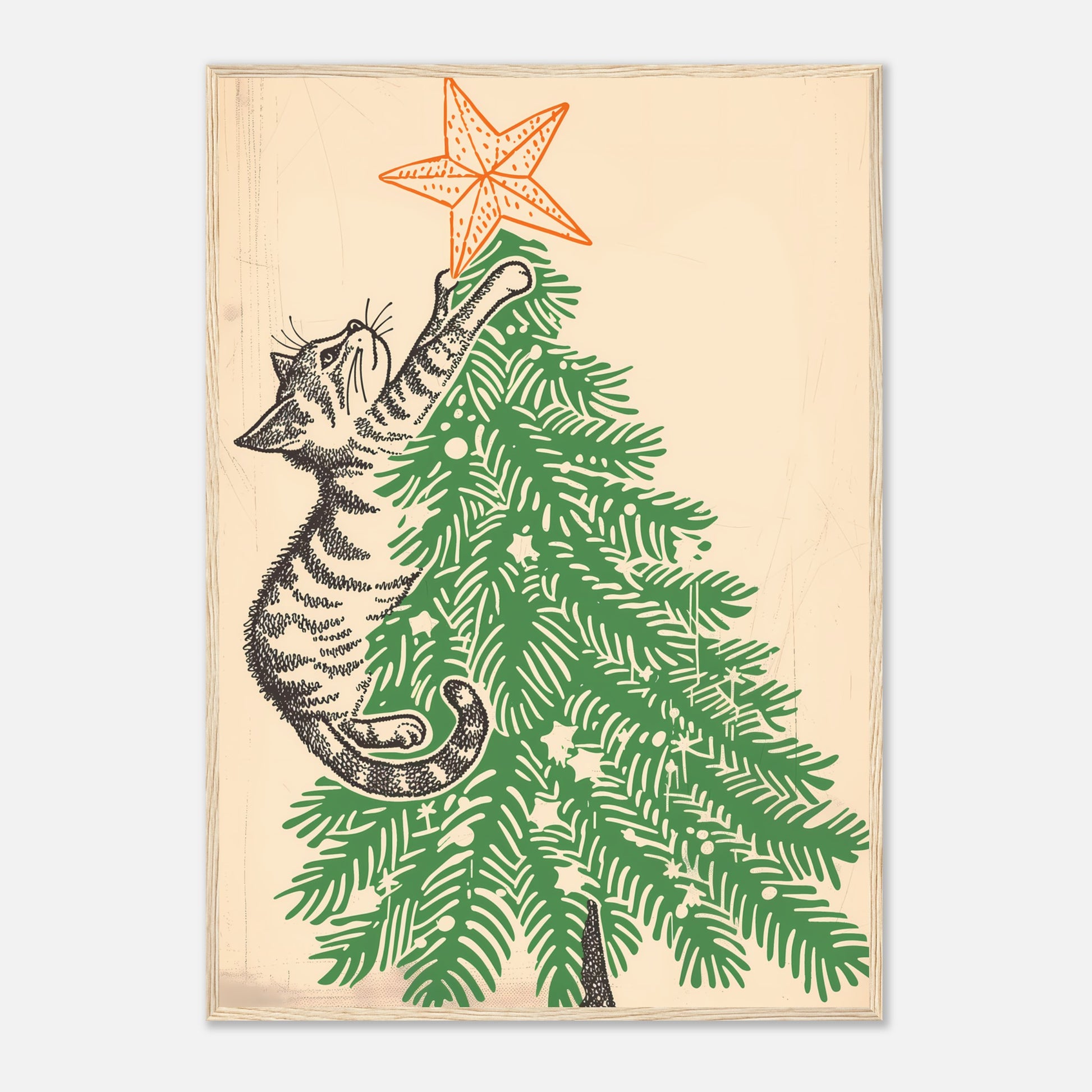Illustration of a cat reaching up to place a star on top of a Christmas tree.