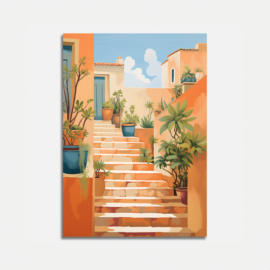 Illustration of a sunny Mediterranean alley with steps and potted plants.