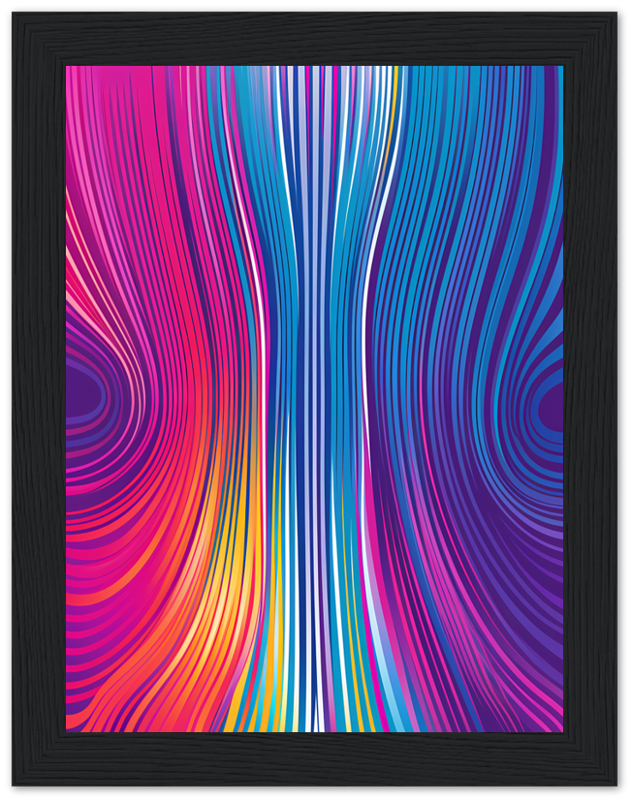 Abstract colorful wavy lines art in a black frame.