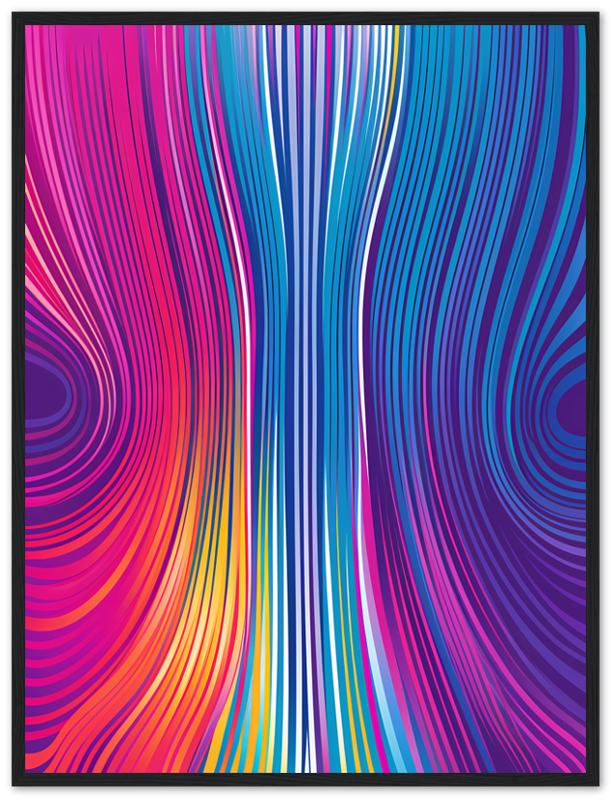 Abstract colorful swirls with blue and pink tones in a white frame.