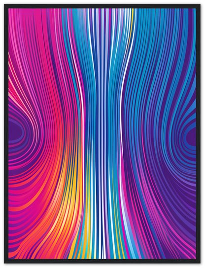 Abstract colorful swirls with blue and pink tones in a white frame.