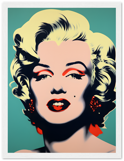 Pop art style portrait of a blonde woman in a wooden frame.