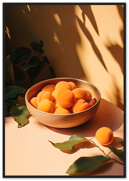 A bowl of apricots on a table with shadow patterns and leaves.