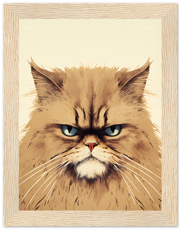 Illustration of a grumpy-looking fluffy cat in a wooden frame.