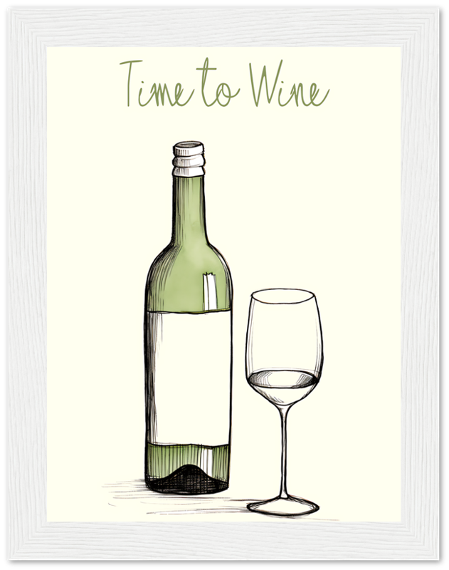 Illustration of an uncorked wine bottle next to a wine glass with the text "Time to Wine" above.