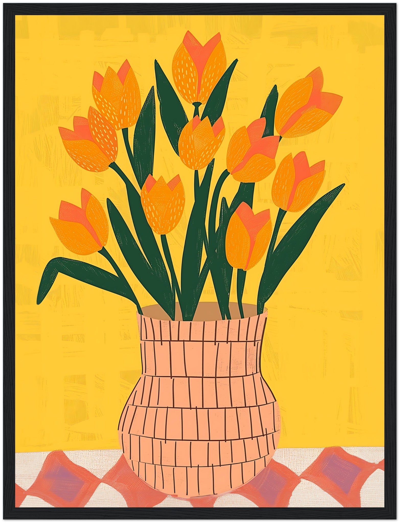 A colorful illustration of a vase with orange tulips on a yellow background.