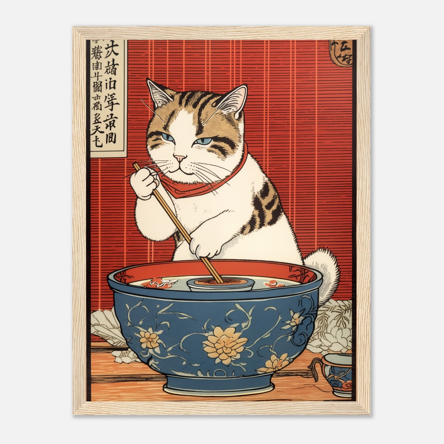 A traditional Japanese woodblock print of a cat eating from a bowl with chopsticks.