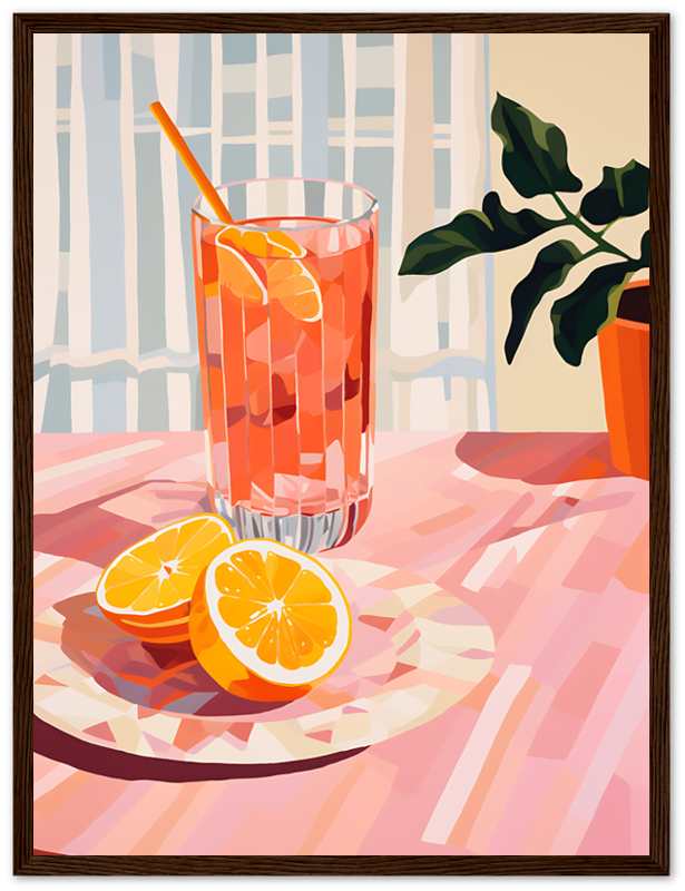 Illustration of a glass of iced drink with orange slices on a table, next to a plant in a pot.