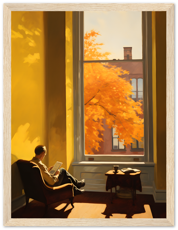 A person reading by a window with fall foliage outside.