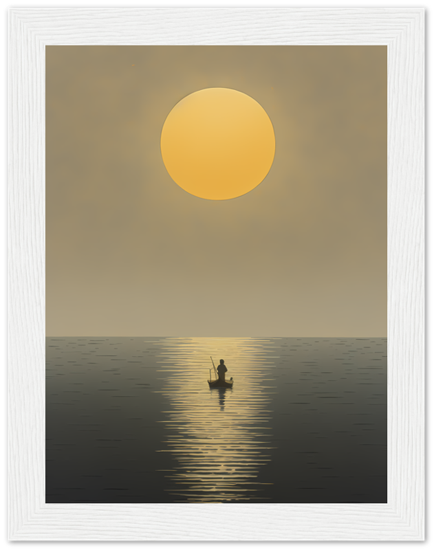 A framed image of a fisherman on a boat under a large sun with a reflective sea.