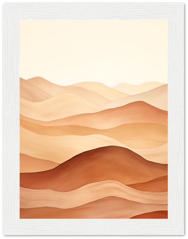 Illustration of serene desert dunes with warm tones, framed in white.