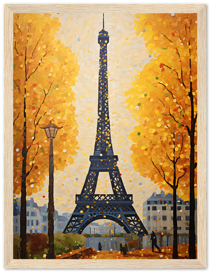 Impressionist painting of the Eiffel Tower with autumn trees.