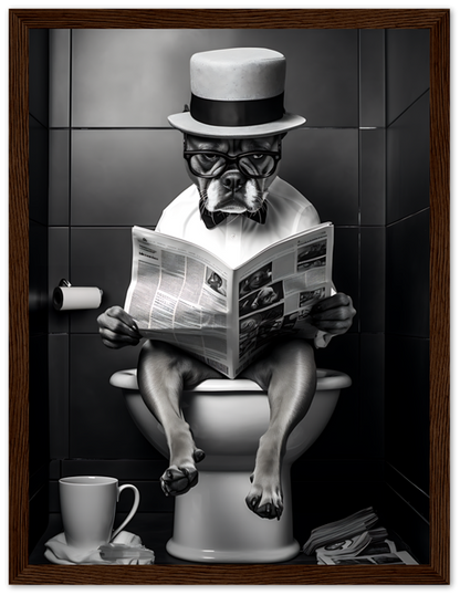 A dog wearing glasses and a hat, reading a newspaper while sitting on a toilet.