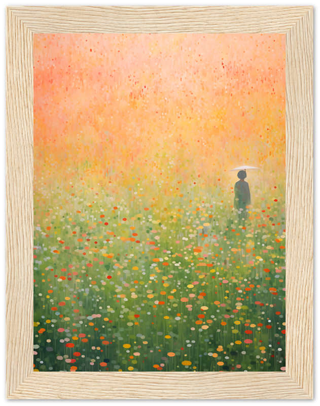 A painting of a person standing in a vibrant field of flowers at dawn or dusk.