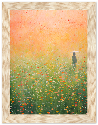 A painting of a person standing in a vibrant field of flowers at dawn or dusk.