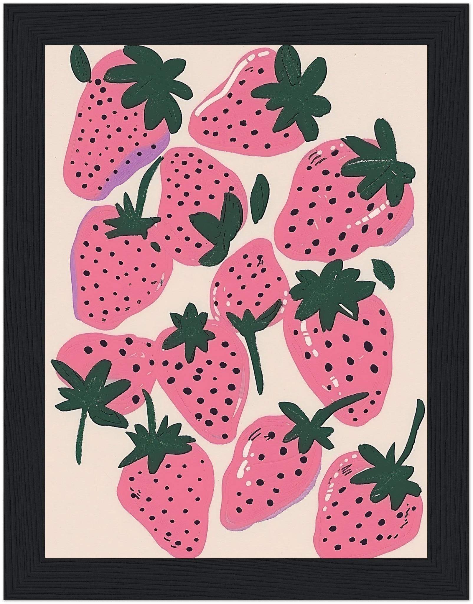 Illustration of stylized pink strawberries with black seeds and green leaves on a light background.