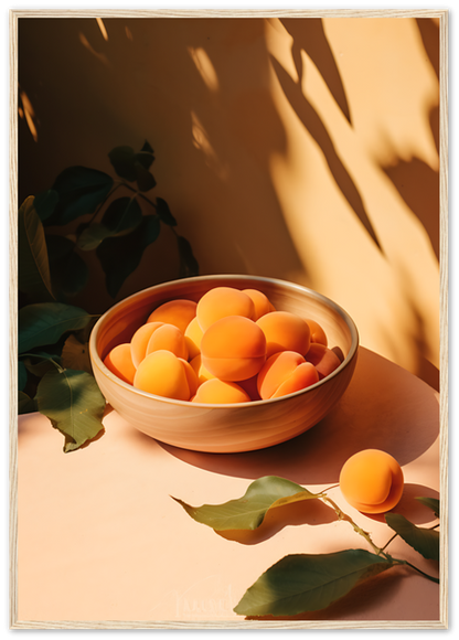 A bowl of apricots on a table with leafy shadows casting over it.