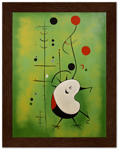 Abstract painting with whimsical figures and shapes in a wooden frame.