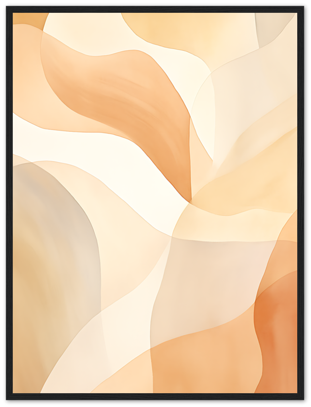 Abstract art with smooth, flowing shapes in warm colors, framed on a wall.