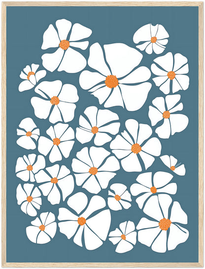 A framed illustration of stylized white flowers with orange centers on a blue background.