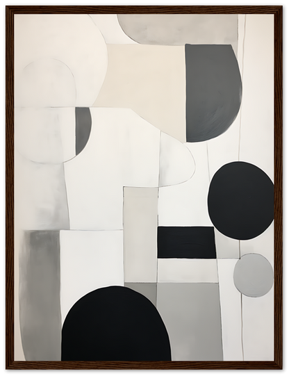 Abstract painting with geometric shapes in neutral tones within a white frame.