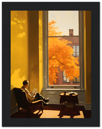A person reading by a window with a view of autumn foliage.