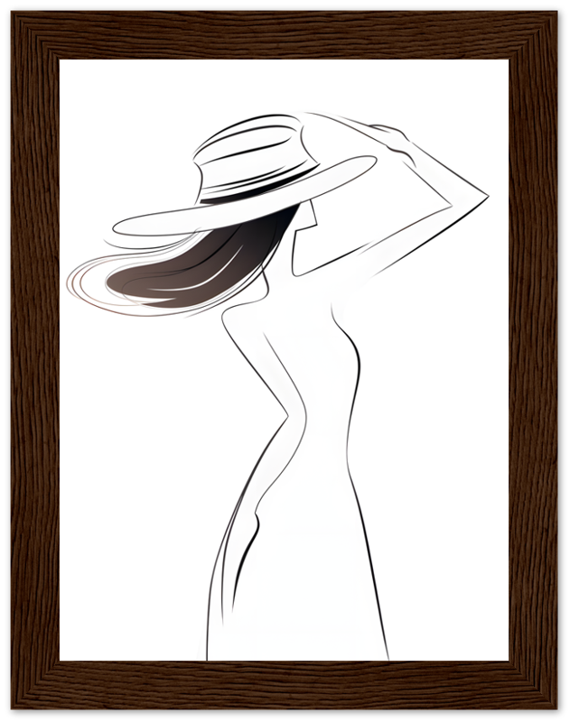 Illustration of a stylish woman with a hat, framed on a wall.