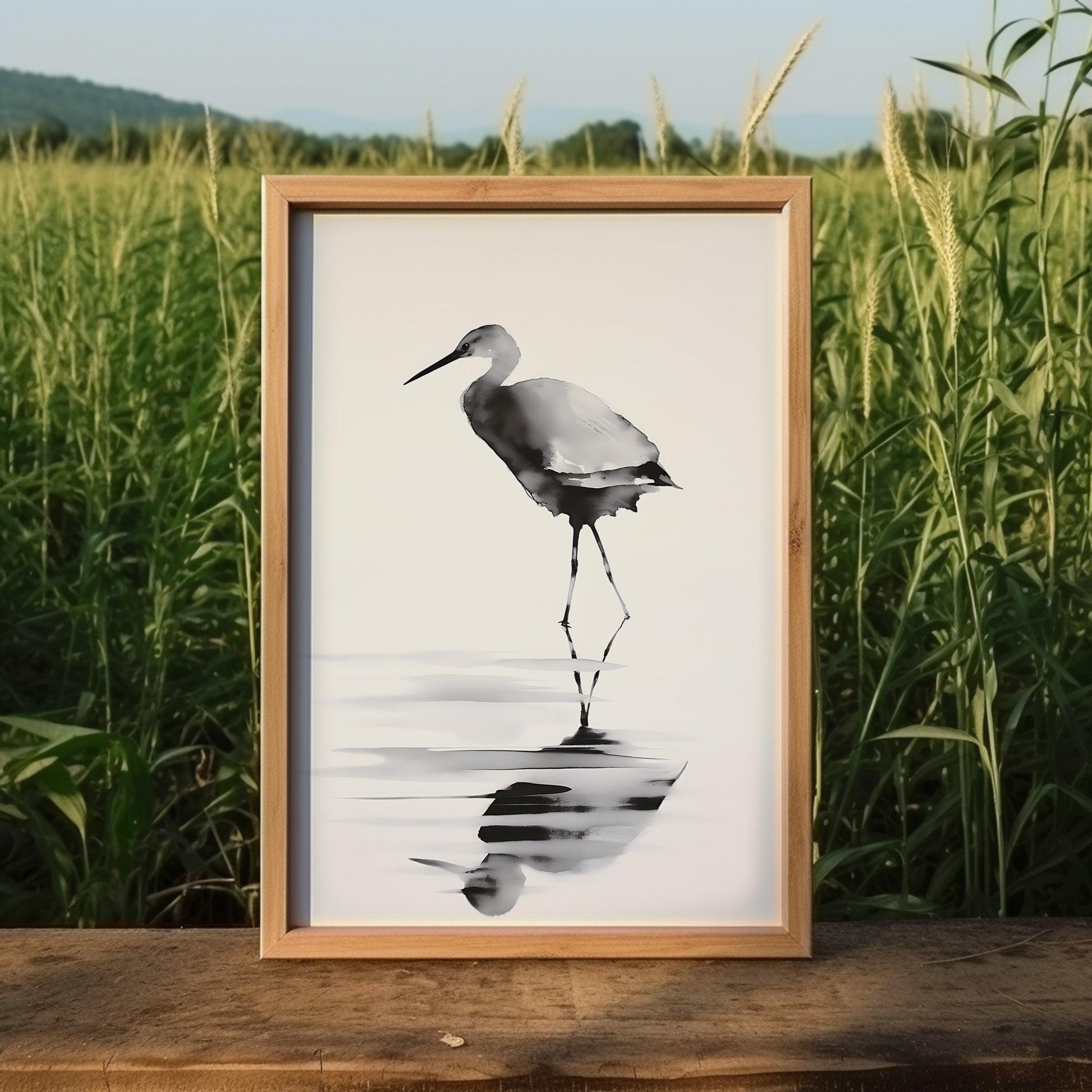 A framed black and white painting of a stork reflected in water, set against a grassy background.